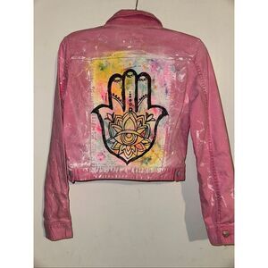 Who Jeans JAMSA HAND Denim Jean Jacket Handmade Decorated Barbie Pink Small